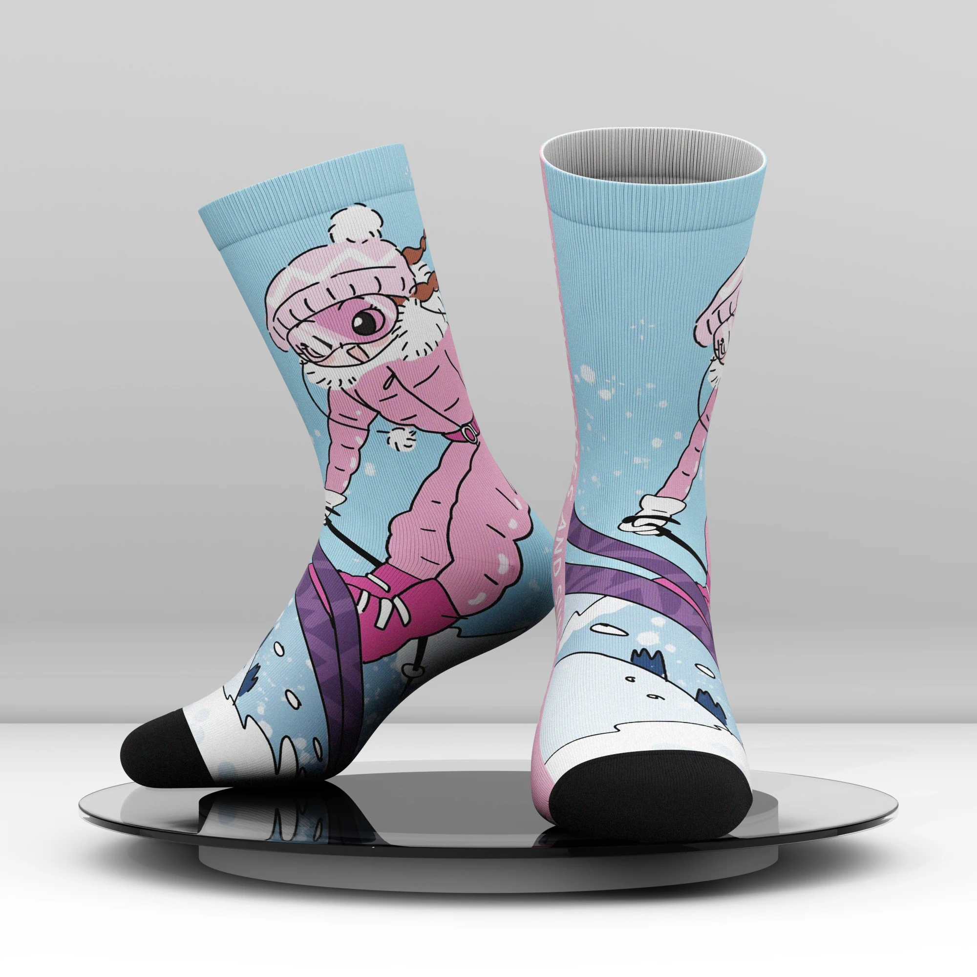 Snowy Slopes and Sunshine 3D Sublimation 360 Printed Winter Fun Cartoon Character Design Socks