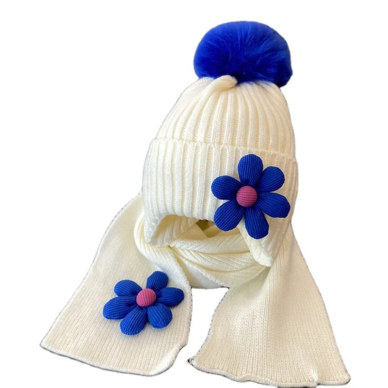 2-6 year old baby winter children warm thickened hat scarf 2 piece girls flower knitted ear protection Acrylic knitted cap