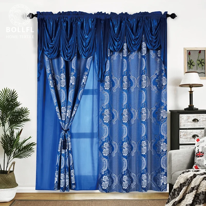 Burgundy Color Design  Shiny Fancy Jacquard Curtain with Attach Valance Accept Customization