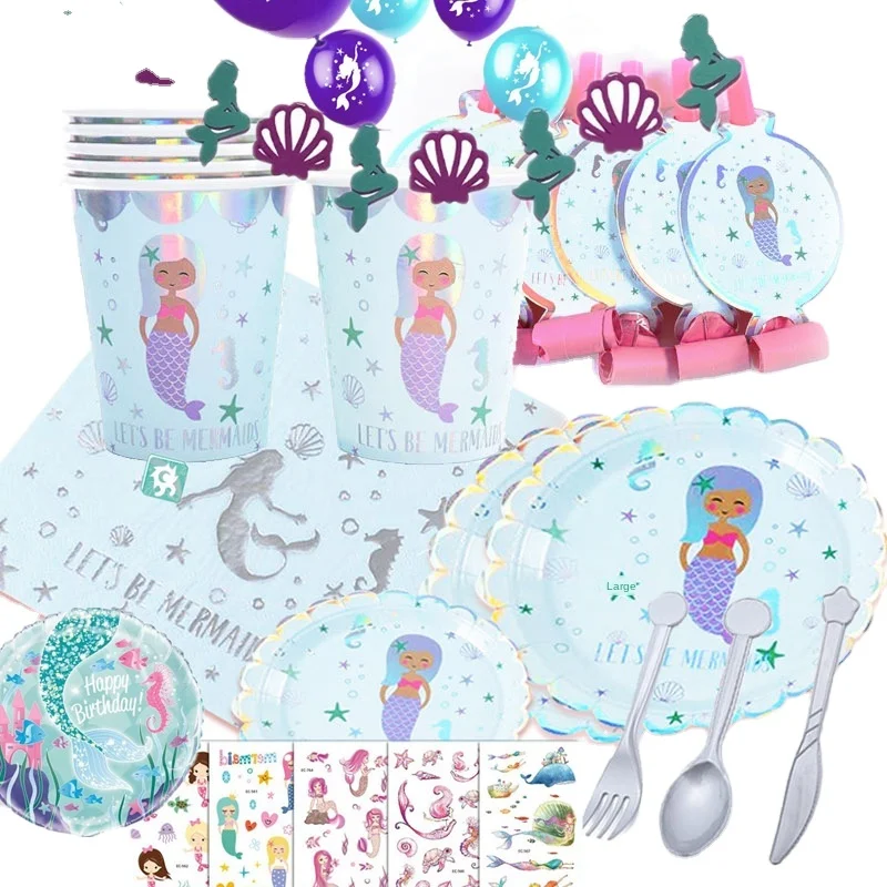 
New Hot Silver Mermaid Princess Children Birthday Theme Paper Cups, Paper Plates, Tissues, Thickening Party Supplies Set 