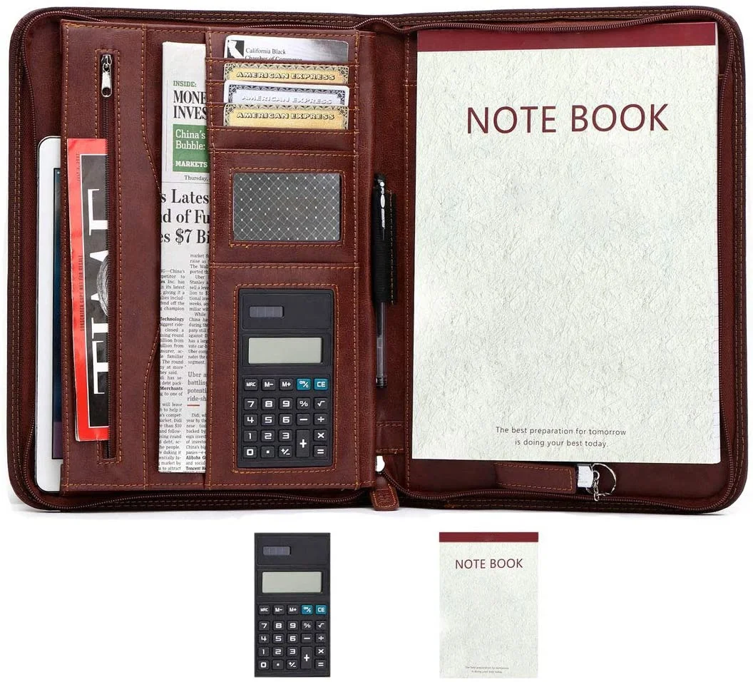 Leather Briefcase Business Padfolio Portfolio with Calculator and Writing Pad Professional Interview Padfolio with Zippered