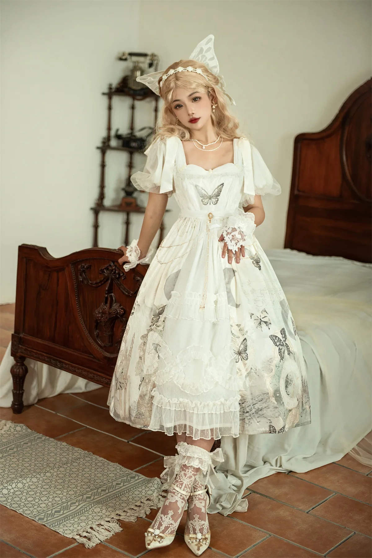 Square neck tight waist vintage retro gothic royal dress patchwork bow knot lolita dresses for women