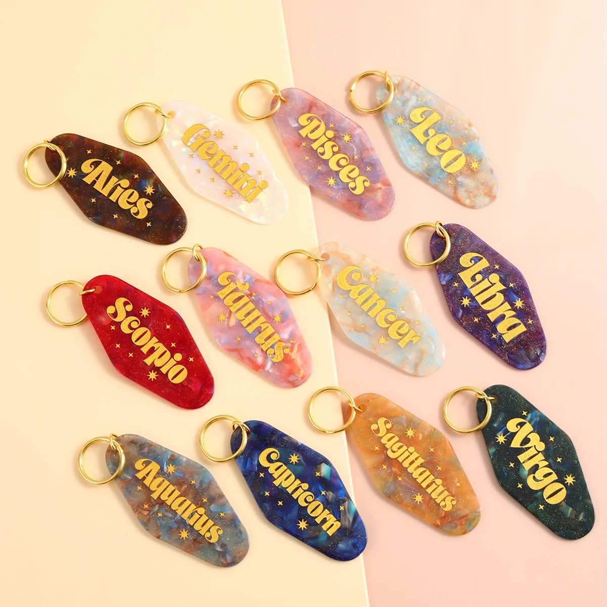 personalized acrylic glitter Retro vintage motel keychain blank custom plastic keychain Zodiac keychain