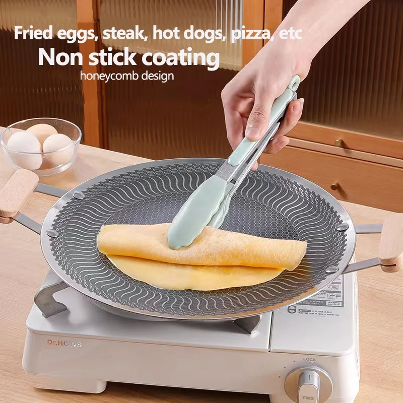34cm Triply stainless steel 316 grill pan with honeycomb non stick frying pan griddle pan more durable with wood folding handle