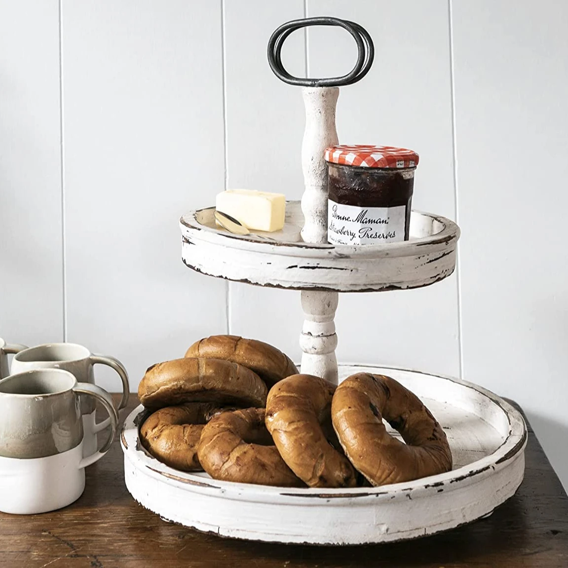 Wholesale Decorative Farmhouse Two Tiered Tray Beautiful Rustic Wooden 2 Tier Serving Tray And Holiday Home Decorations