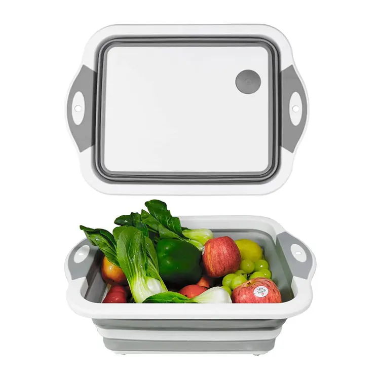 Multifunctional Kitchen Vegetable Wash Basket Silicone Dish Tub Foldable Storage Basin  with Strainer Foldable Cutting Board