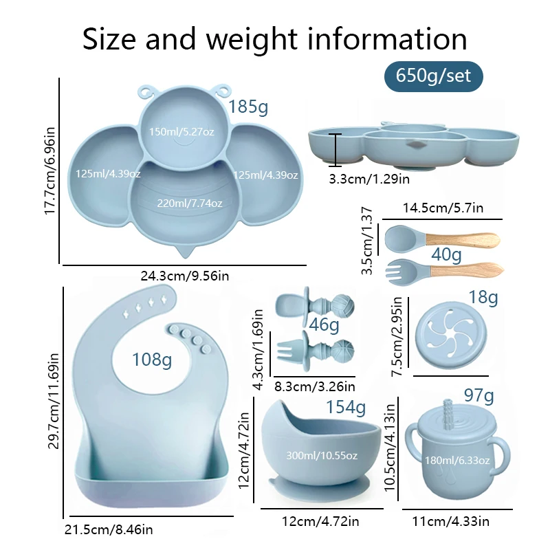 9PC Toddler Feeding Set Pattern Bib Suction Plate Bowl Straw Cup With Lid Baby Dining Tableware Set Waterproof Babero Cutlery