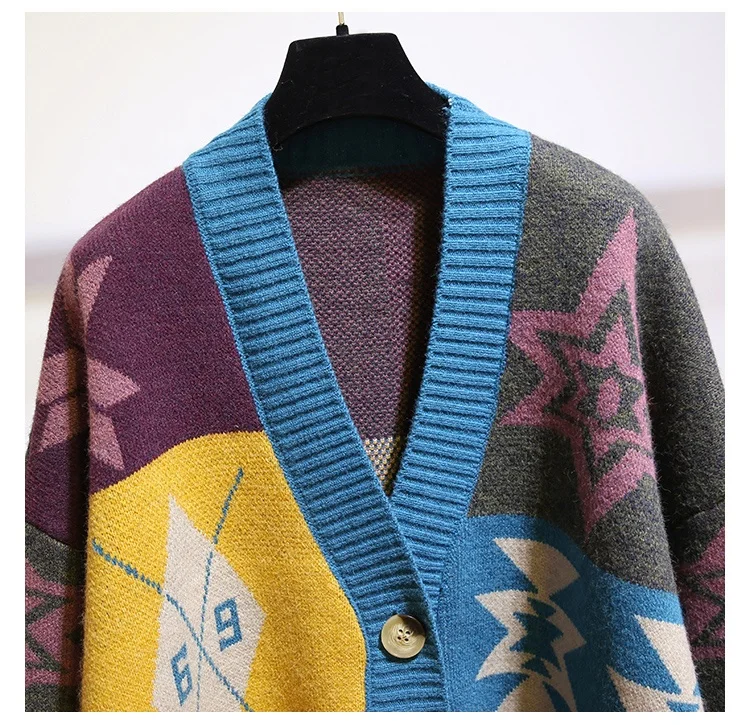 Custom V neck fashion wool cashmere floral female women long cable knitted ladies cardigan aztec sweater