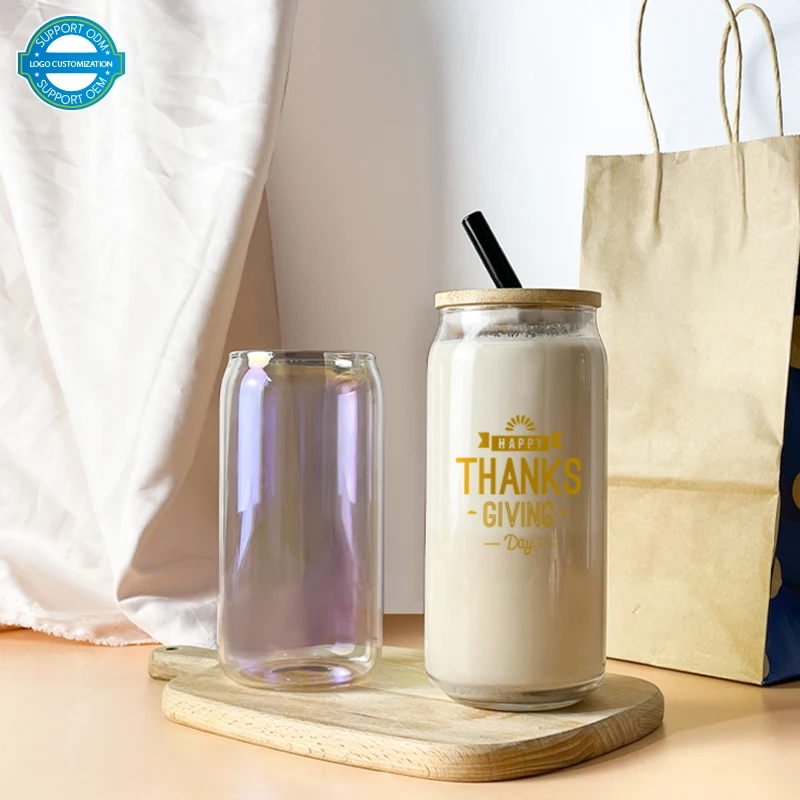 12oz 16oz 20oz Clear High Borosilicate Tumbler Glass Mug Beer Can Shape Glass Coffee Cup With Straw and Bamboo Lid
