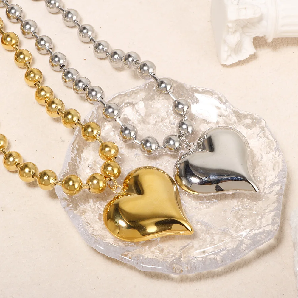 Wholesale Fine Waterproof 18k Gold Plated Stainless Steel Ball Chain Puffed Heart Chunky Heart Choker Necklace