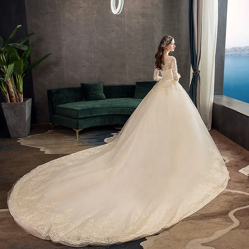 Champagne embroidered Lace Wedding Dress long trailing Bridal Gown Long Sleeve
