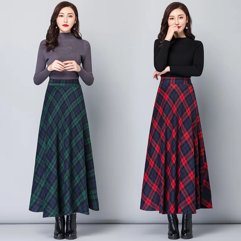 Women Skirts Winter Thick Spring Wool Blends Plaid Elegant Pleated Patchwork Chic Girl Pocket Print Long Skirts Female