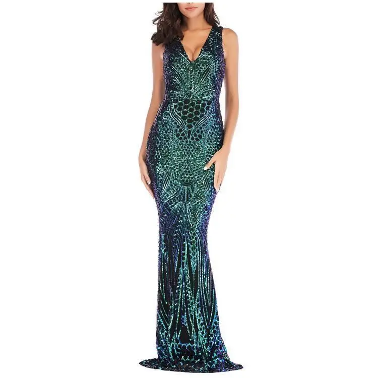 2019 Female Apparel Sequins V-Neck Sleeveless Mermaid Dress Evening Gown