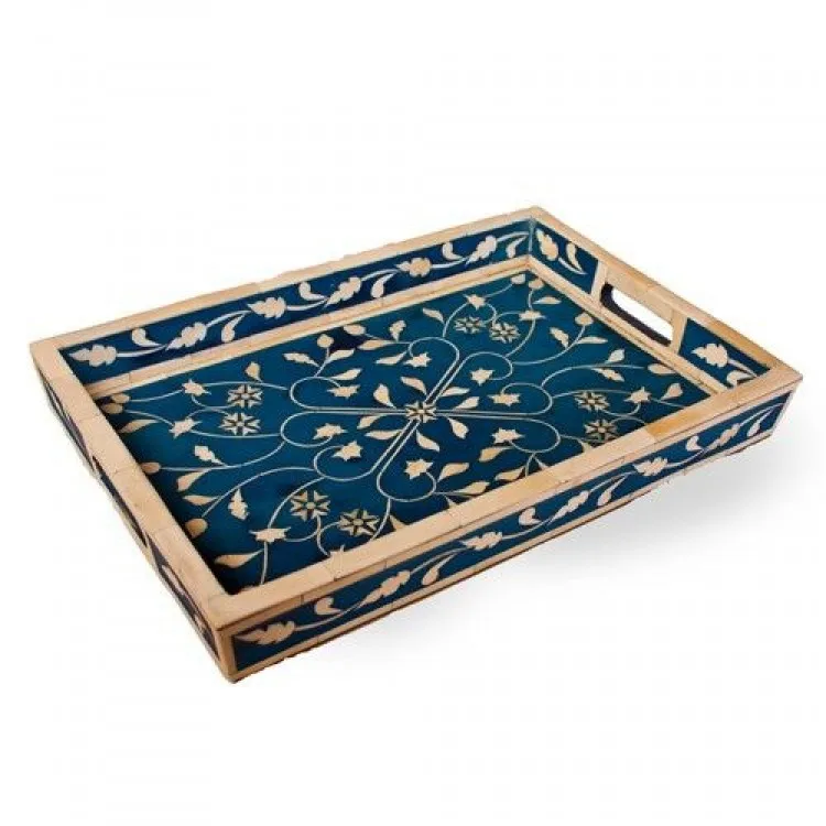 blue floral shell inlay serving trays / mother of pearls trays / sea shell inlay serving tray by bullish exports