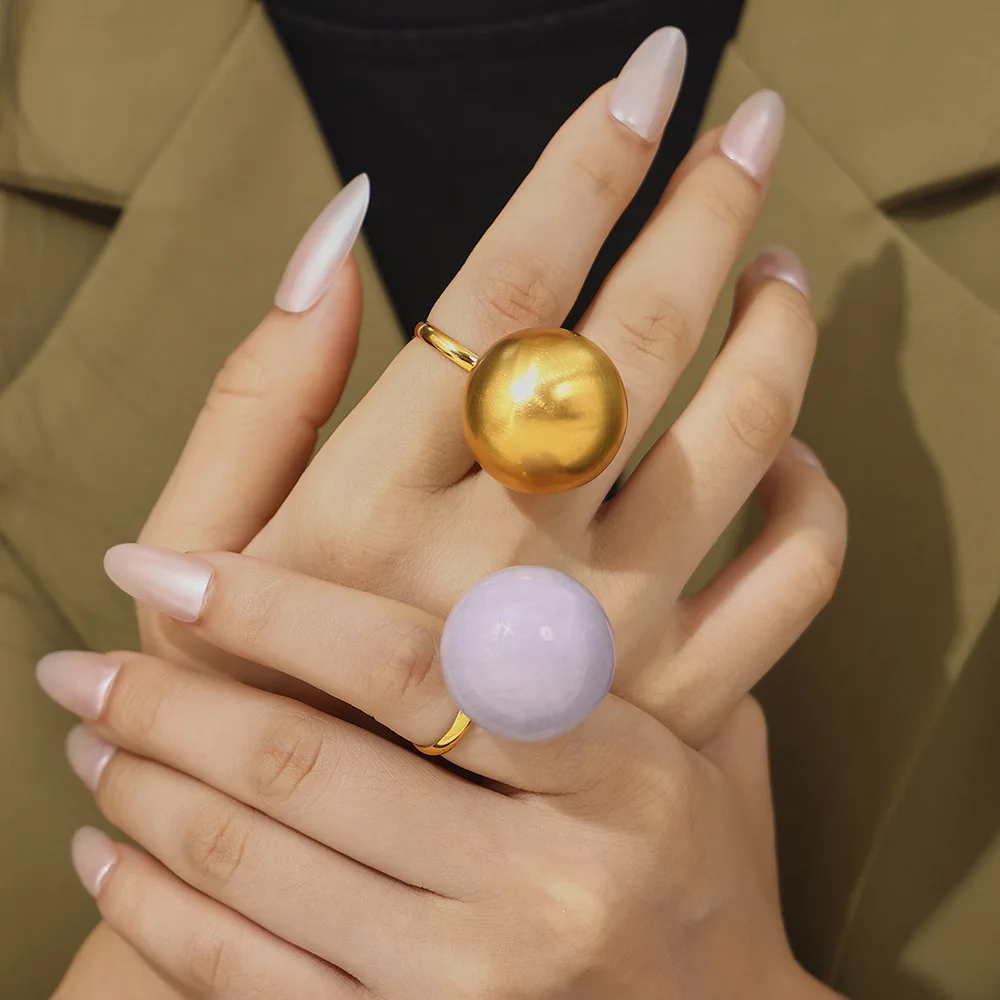 Fashion Stainless Steel PVD Plated 18K Real Gold Exaggerated Design Rings Accessories Big Purple Enamel Golden Ball Finger Ring