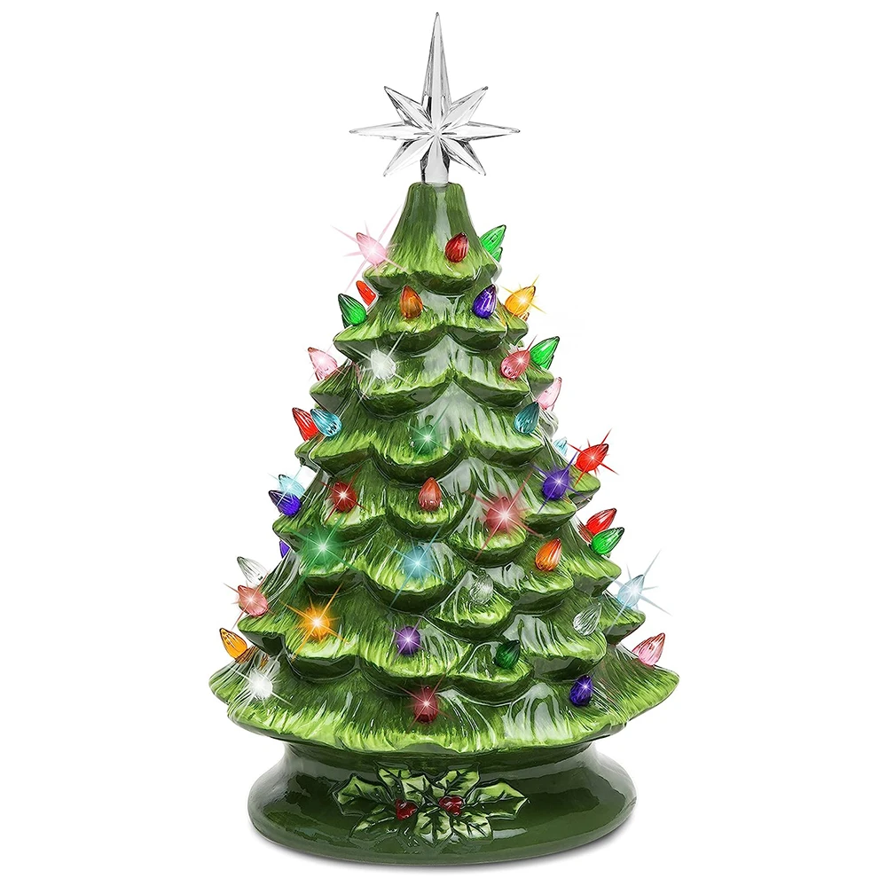Home Office Tabletop Decoration Multicolored Lights With Star Topper Ceramic Christmas Tree