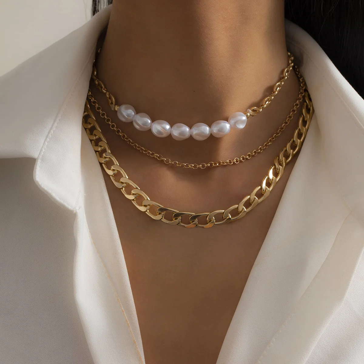 LIfetime Jewelry Triple layered Gold Plated White Freshwater Cultured Pearl Necklace Diamond-Cut Cuban Link Curb Chain Necklace
