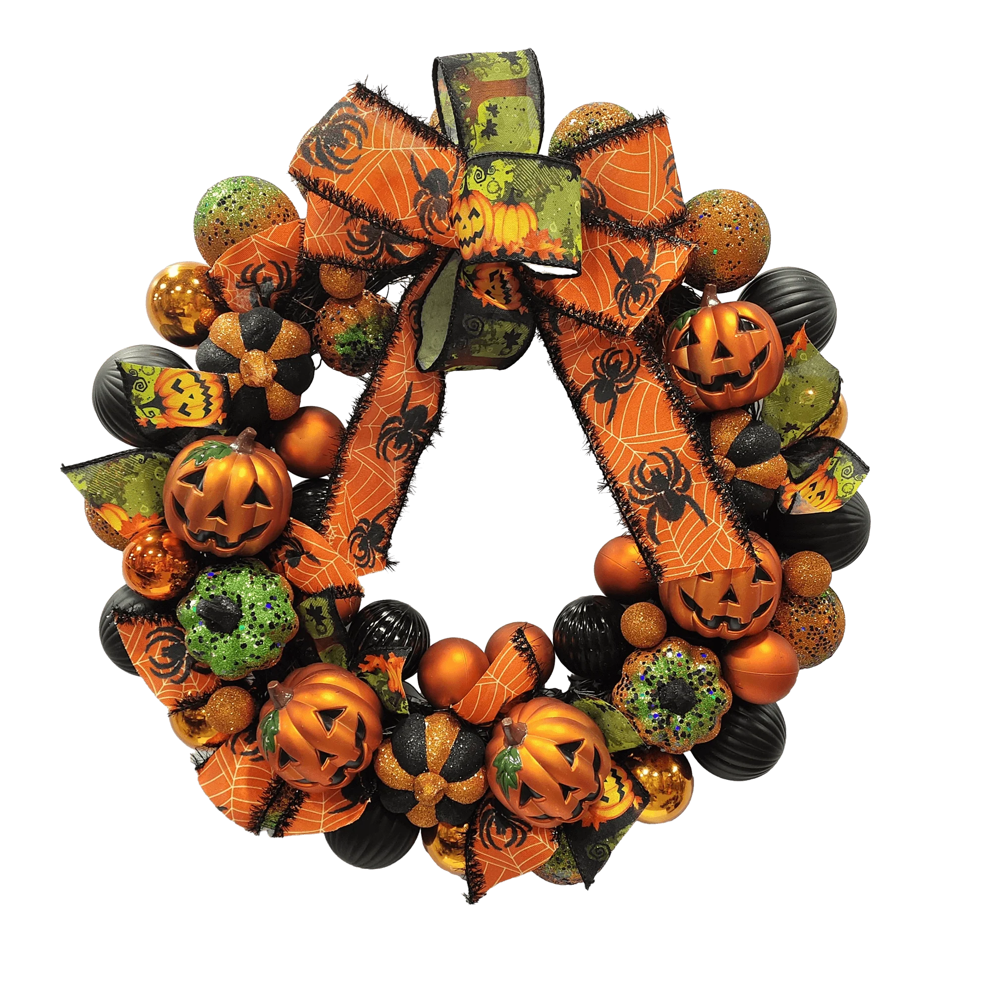 Senmasine 22 Inch Orange Baubles Berries Maple Leaves Spider Skeleton Head Hand Halloween Glitter Pumpkin Wreath