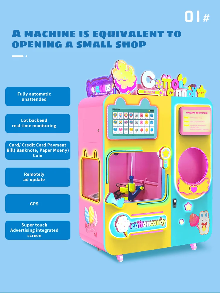 Commercial Cotton Candy Floss Machines Robot Arm Sugar Making Trade Fully Automatic Cotton Candy Vending Machine