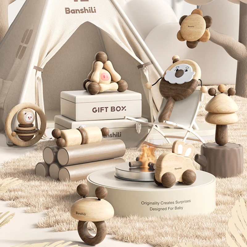 High Quality Original Wooden Kids Baby Rattle Toy Infant Toys BPA Free Baby Teether Rattling Set