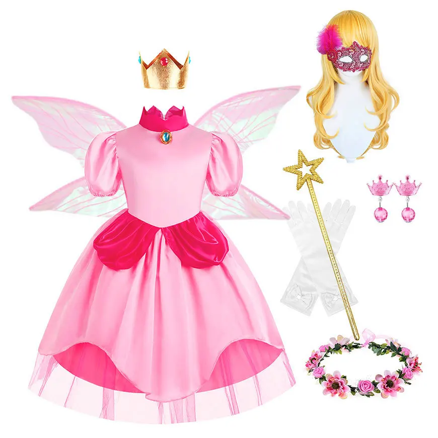 Princess Peach Costume for Girls,Super Brothers Princess Peach Dress for Kids Cosplay Halloween Party Dress Up