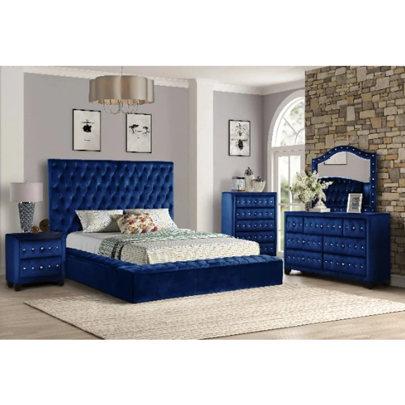 Luxury Upholstered Velvet Bed Frame Modern Bedroom Furniture Set In Blue King Size Bed With Storage