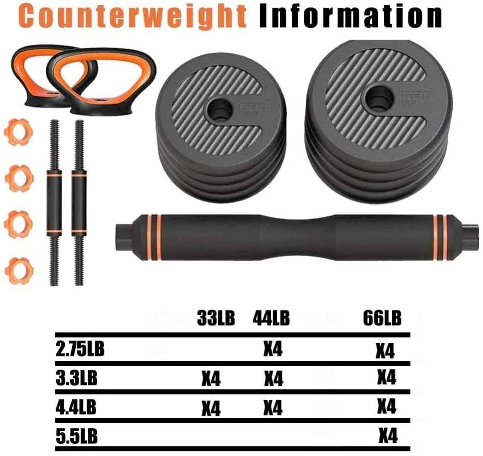 4 Modes dumbbell set 33Lb 44Lb 66Lb 6-in-1 Multi functional Adjustable Barbell Kettlebell dumbbell