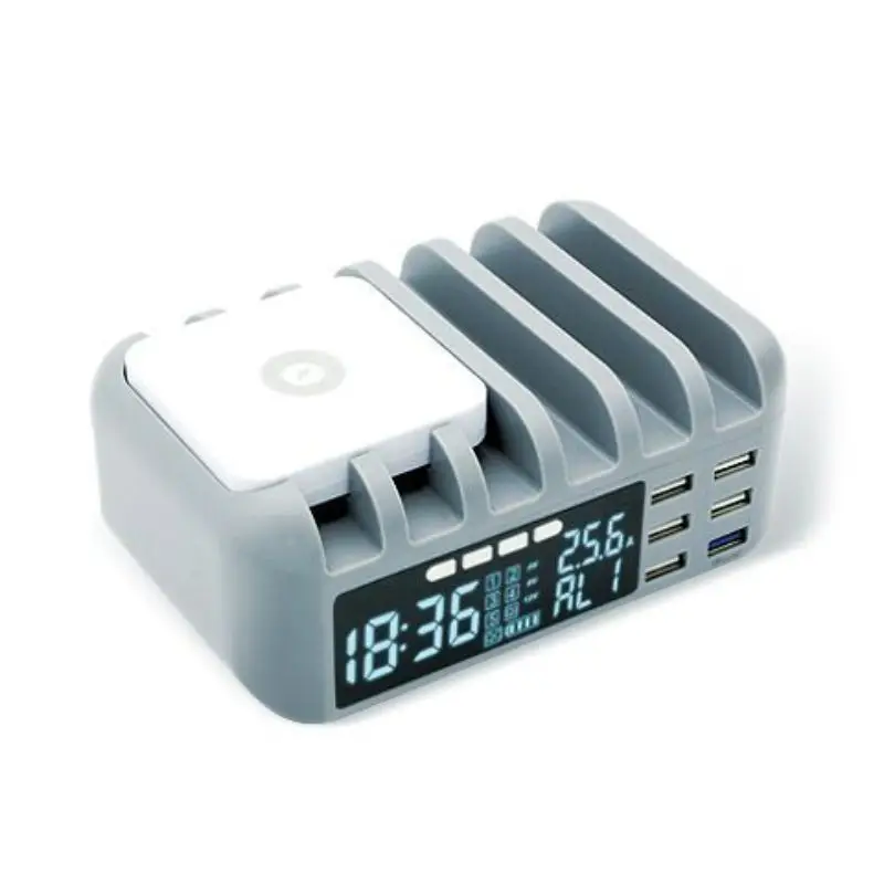 Novel practical multi-function 6 USB interface port  charging Voltage current time display fast Wireless charger alarm Clock