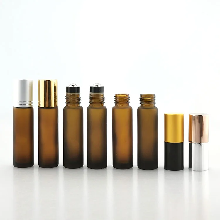Frosted Amber Empty Glass Roller Bottle 10 ml with Stainless Roll On Ball and Aluminum Gold Cap