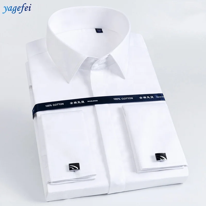 Supplier custom square collar men cotton french cufflink white dress shirt