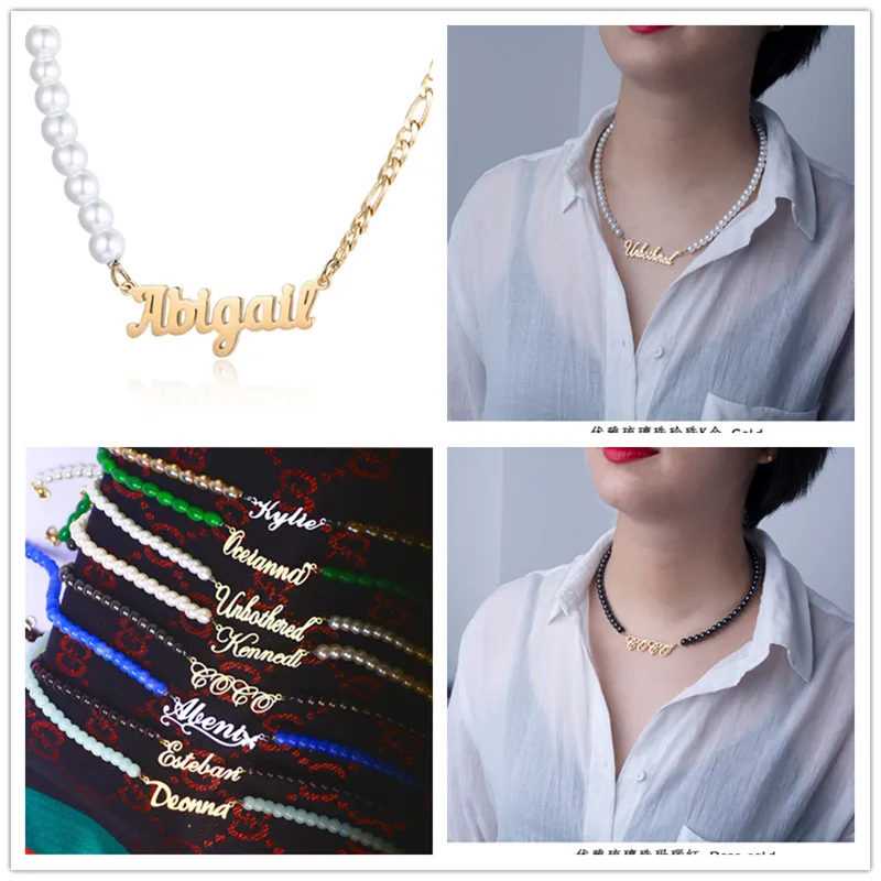 Kids name plate personalized Custom Mom Letter Pendant Heart Engraved necklace Diy Name Pearl necklace
