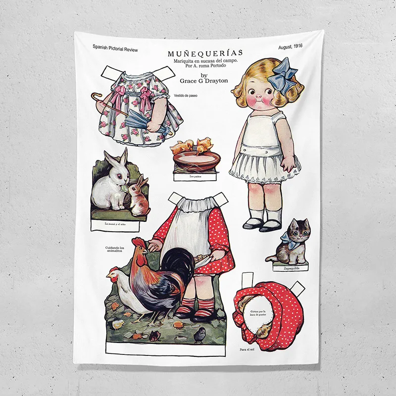 Lovely Vintage Cartoon Style Children Girls Household Bedroom Dormitory Background Cloth Wall Hanging Tapestry