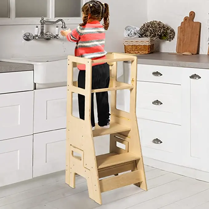Kitchen Step Stool, Wooden Learning Tower with Chalkboard and Safety Rail, Height Adjustable Standing Tower(Natural) (Wood) (1600612714556)