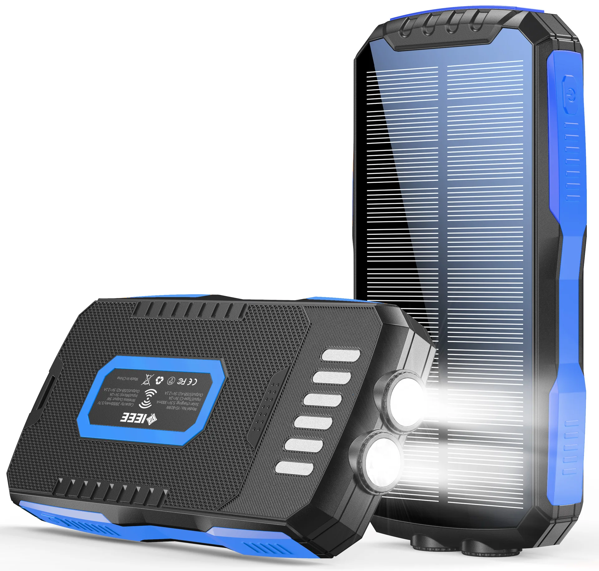 10W Wireless Fast Charger Solar Power Bank 5 Outputs Inputs Flashlight IP54 Splash Proof and Dustproof for Outdoor Activities