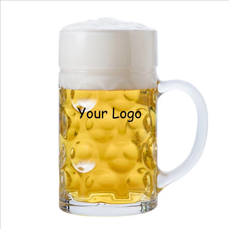 1 liter custom laser printed logo straight beer mug Dimpled Beer glasses Stein 1 liter glass beer mug with handle