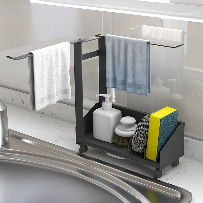 Stainless Steel Kitchen Sink Caddy Organizer, Soap Brush Dishcloth Sponge Holder with Drain Pan