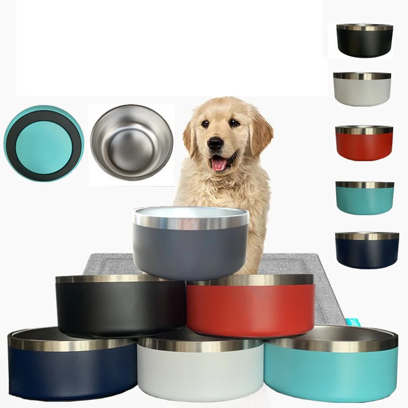 Promotion 32oz 64oz Powder Coated Round Food Feeding Stainless Steel Double Wall Folding Dog Bowls