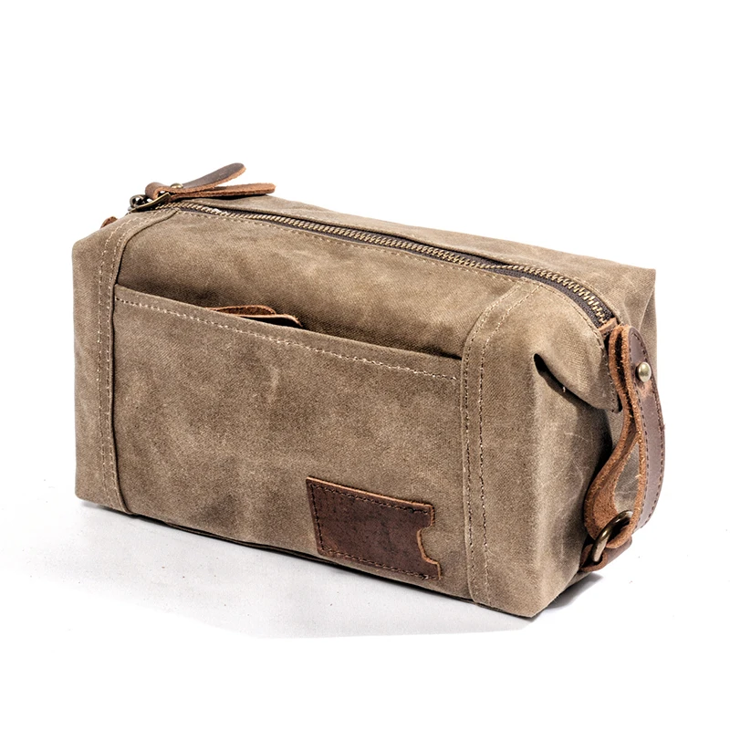 Waterproof Waxed Canvas Shaving Bag Mens Travel Toiletry Bag Custom Logo with Leather Handle