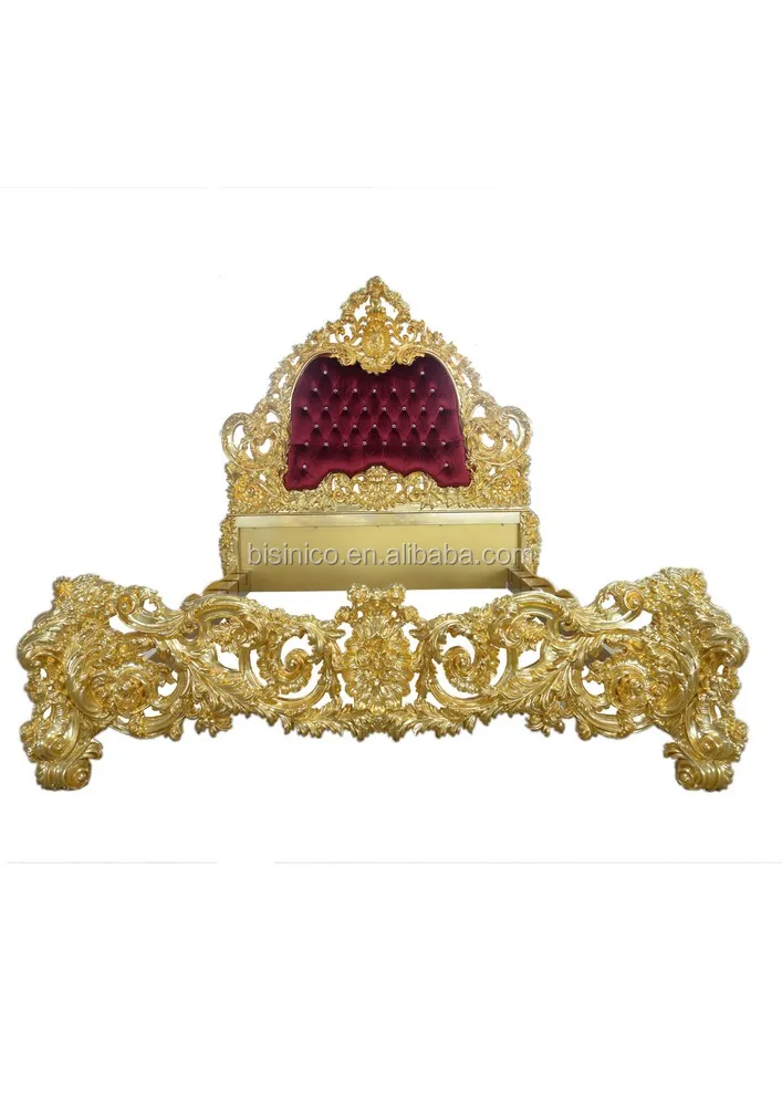 Luxury Palace Royal 24K Gold Leaf Double Bed French Rococo Style Golden Solid Wood Bedroom Set Antique Classy Bedroom Furniture
