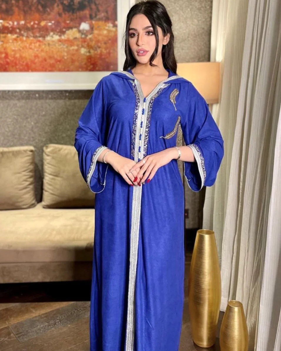 Hot Selling Ramadan Eid Jalabiya Fashion Muslim Dubai Arabic Hooded Abaya Dress Moroccan Kaftan Diamond Jalabiat Women Robe 2023