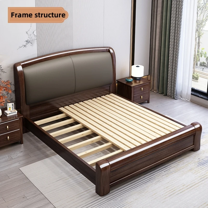 Purple Gold Sandalwood Solid Wood Bed King Size Light Luxury Double Wooden Beds Leather Soft Bag Storage Bed Bedroom Furniture