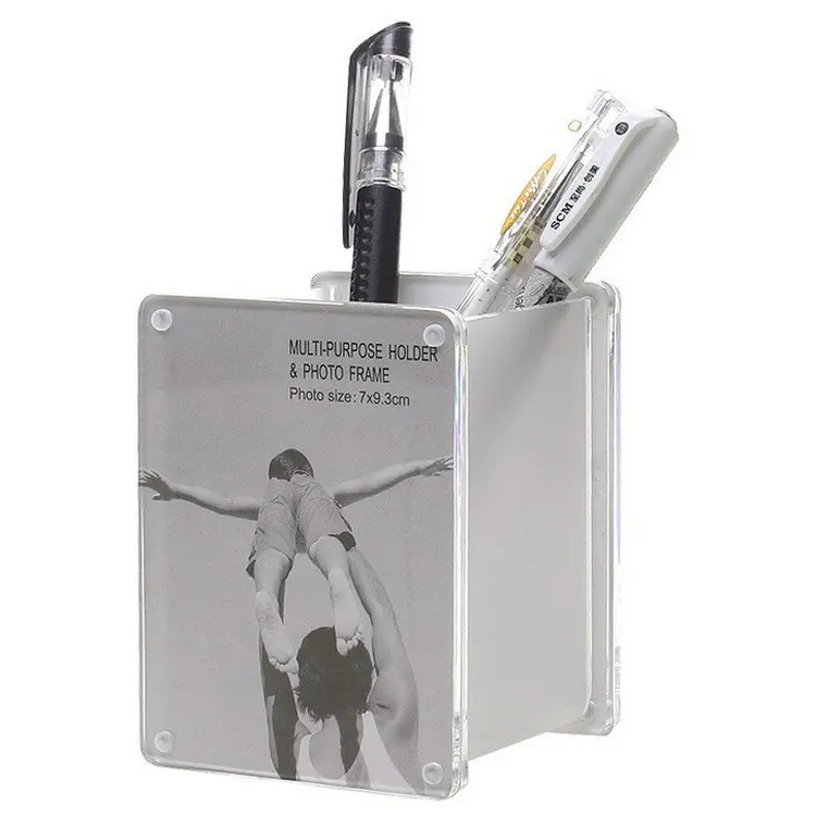 Desk Accessories Holder Clear Acrylic Double Sided Magnetic Picture Frame Pen Holder