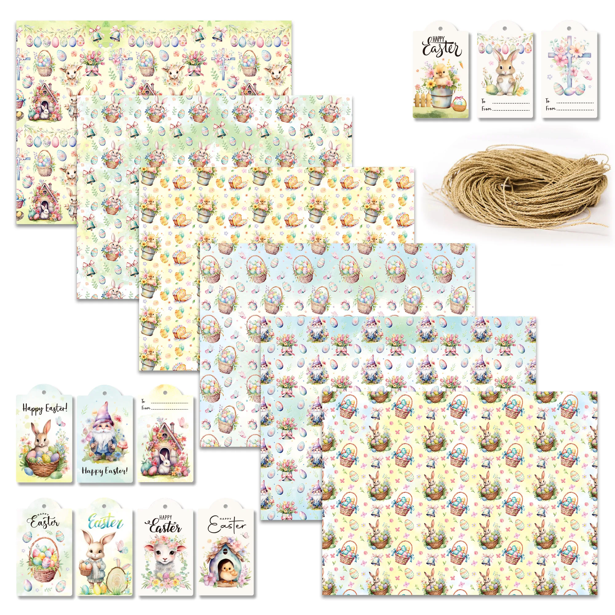 WZ105 Easter Day Cartoon Bunny Pattern Wrapping Paper and Hanging Paper Tags with Cotton Strings For Easter Party Supplies