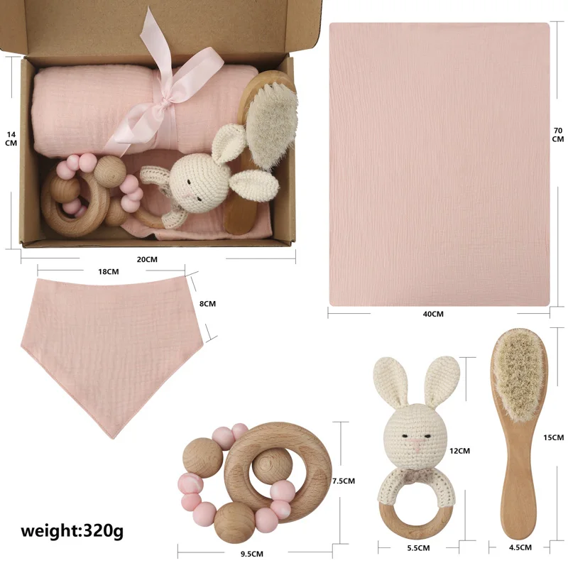 New Born Baby Gift Bracelet Set Crochet Rabbit Wood teethers Teething ring Toy Soft Hair Comb Grasping Holder With Blanket Set