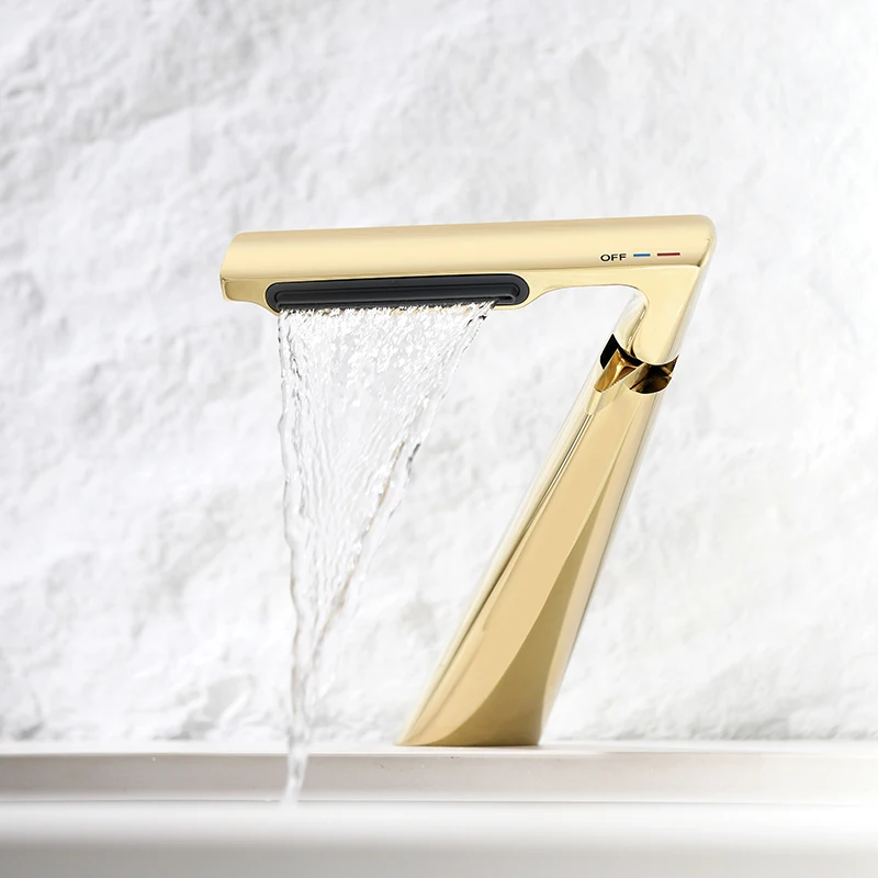 New design Hot Cold Faucet brushed gold bathroom mixer taps waterfall for hotel brass basin faucet
