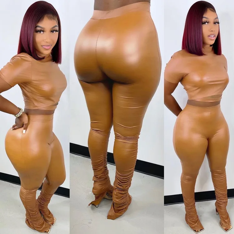 2025 Spring Autumn Sexy Pu Leather Outfits Long Sleeve Slim Tops Stacked Legging Pants Leather 2 Piece Set Women