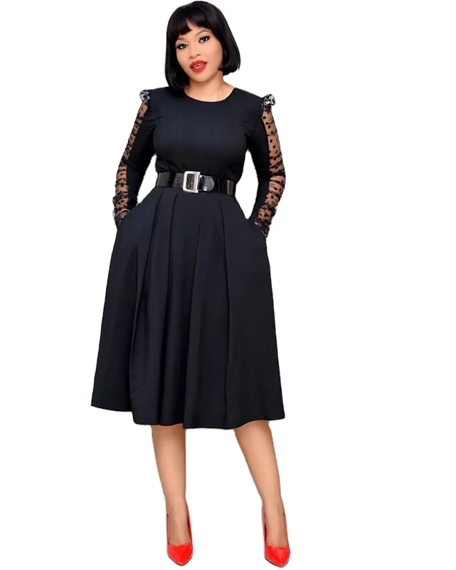 
2020 new style African Polka Dot dress with belt long sleeved grenadine dresses Women casual Dress 