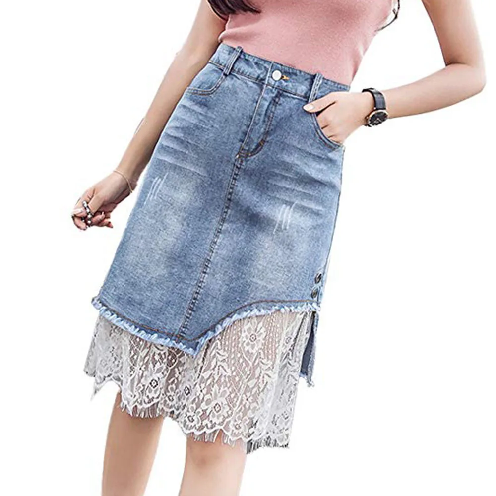 Elegant embroidery denim lace dress long knee-length skirts for ladies