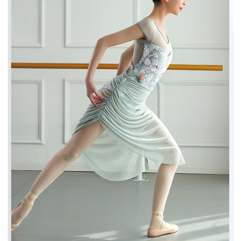 Geometric Pattern Printing Cap Sleeve Adult Rhythmic Gymnastic Leotards Girls