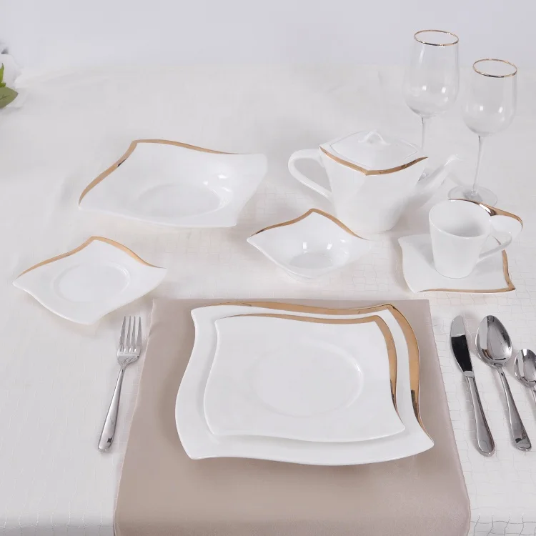 P&T Elegant Bone China Dinner Plate Ceramic ,Wholesale Event  Square Plates Golden Ceramic Dinner Plate Set for 5 stars hotel